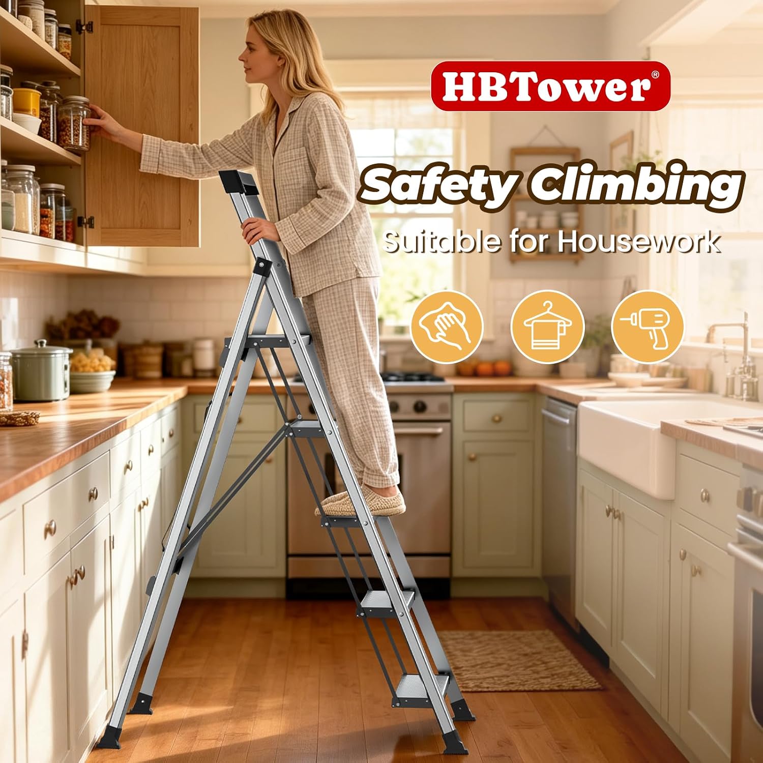 HBTower 5 Step Ladder, Lightweight Aluminum Folding Step Stool | Anti-Slip Wide Pedal, 330lbs Capacity Step Ladder for Household Kitchen Office, Silver - Image 7