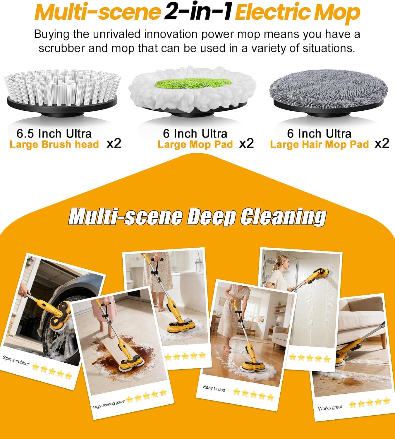 qimedo Cordless Electric Mop M3, 6000mAh, 2-in-1 Power Scrubber & Mops | 800RPM Floor Scrubber Machine, Automatic Spin Mops with Smart Display, Rotating Mop with LED Light & Water Spray - Image 7