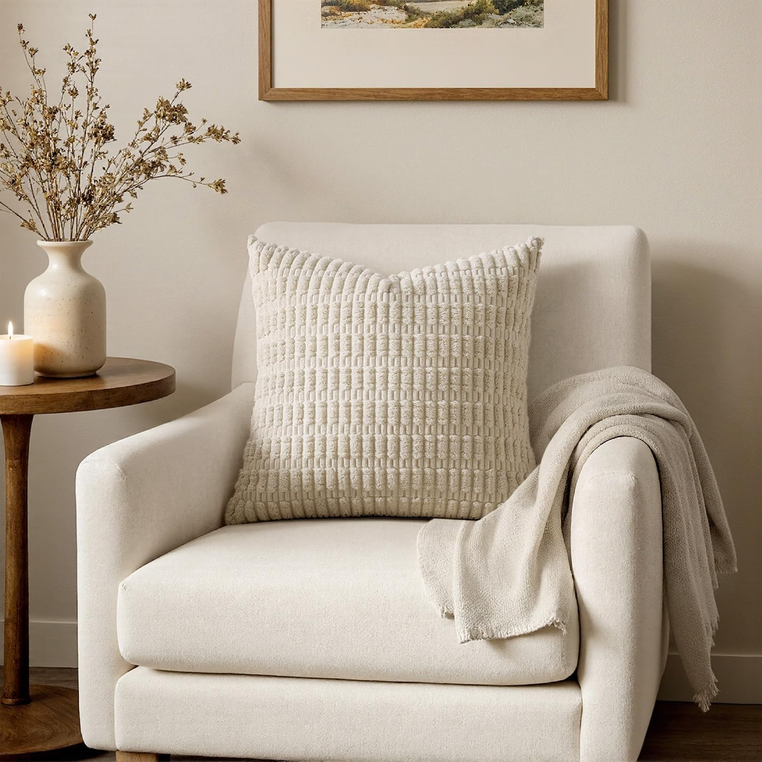 MIULEE Corduroy Decorative Throw Pillow Covers 18x18 Cream White Pack of 2 | Soft Boho Striped Pillow Covers Modern Farmhouse Home Decor For Sofa Living Room Couch Bed - Image 4