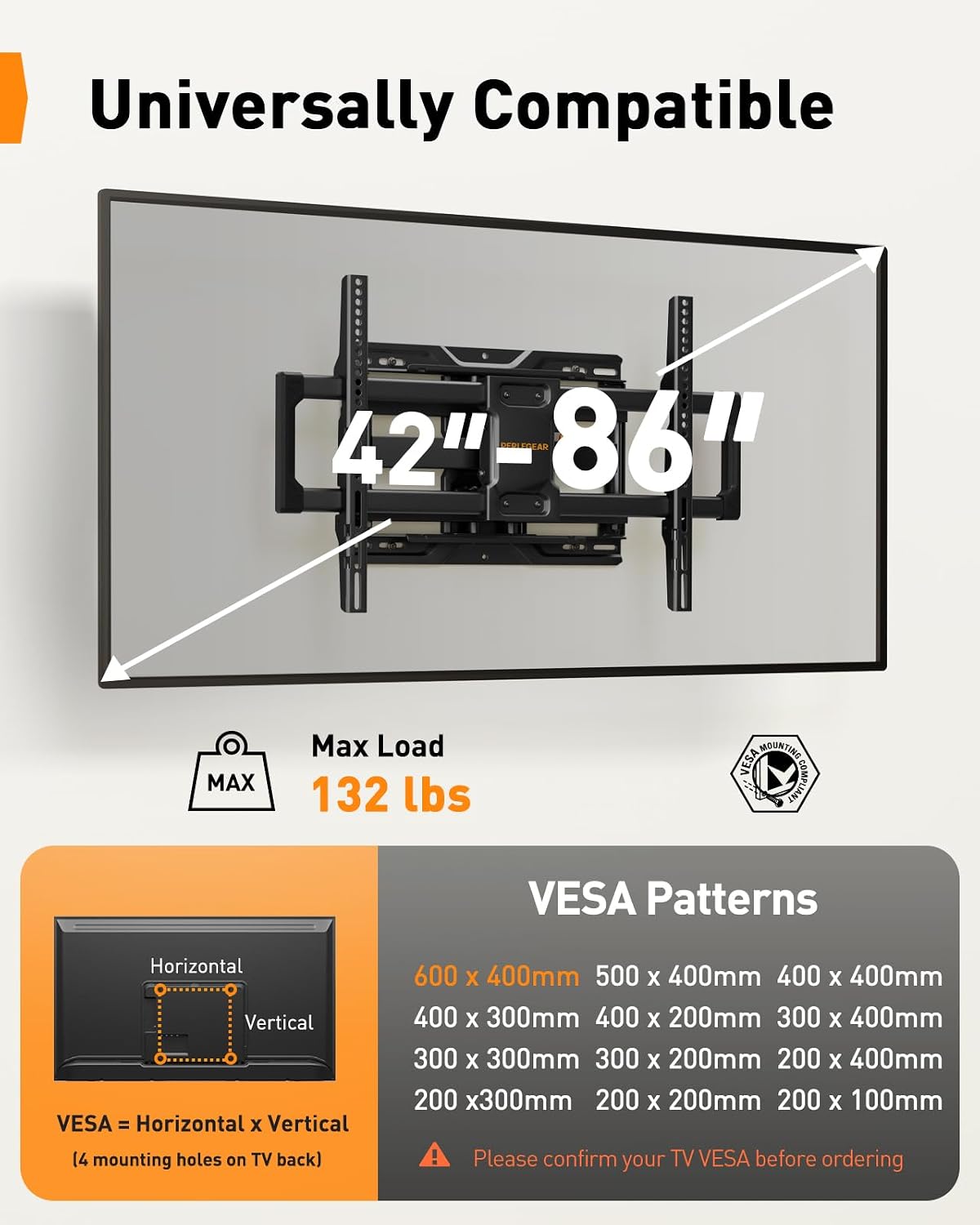 Perlegear Full Motion TV Wall Mount for 42–86 inch TVs up to 132 lbs | 30% thicker heavy-duty articulating arm, tool-free tilt, swivel, extend, level, fits 16" studs, max VESA 600x400mm, UL listed - Image 2