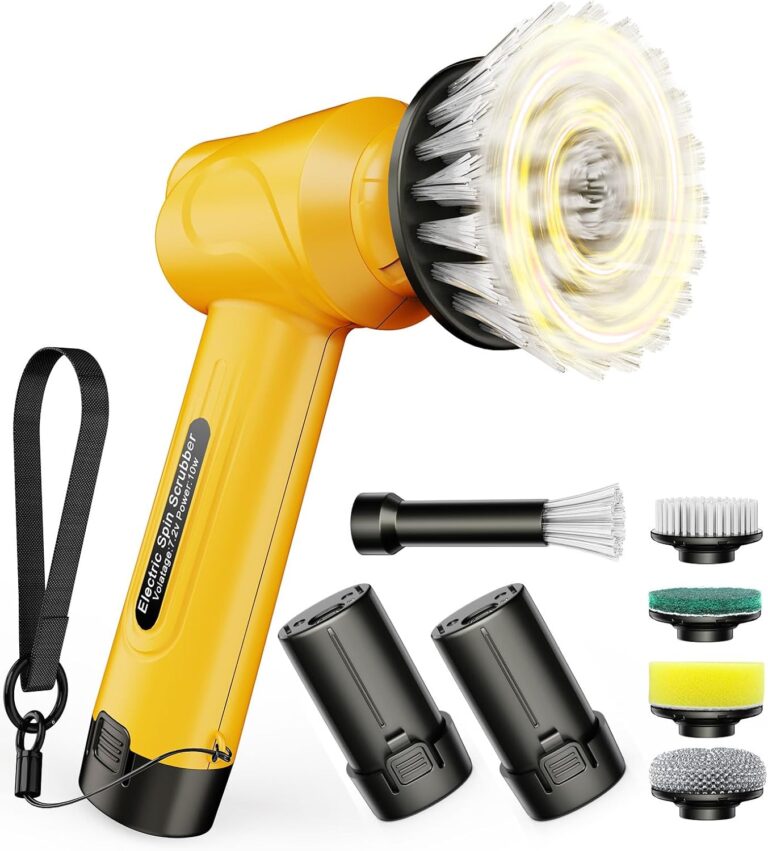 Electric Spin Scrubber Q4, 5000mAh Large Battery, 248-Min Runtime, 600RPM | Handheld Power Dish Scrubber with Display and 5 Brush Heads; Cordless Shower Cleaning Brush for Bathrooms, Sinks and Windows