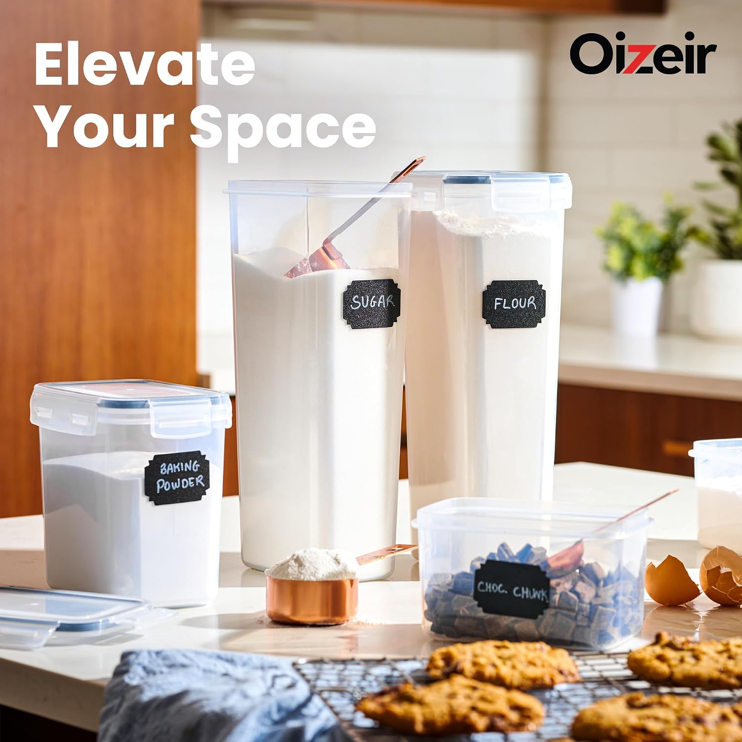 Oizeir Airtight Food Storage Containers with Lids 24-Pack, Pantry Kitchen | 24-Pack BPA-Free Airtight Plastic Food Containers, Snap Lids for Pantry Kitchen, Flour Sugar Rice Cereal Pasta, Clear - Image 3