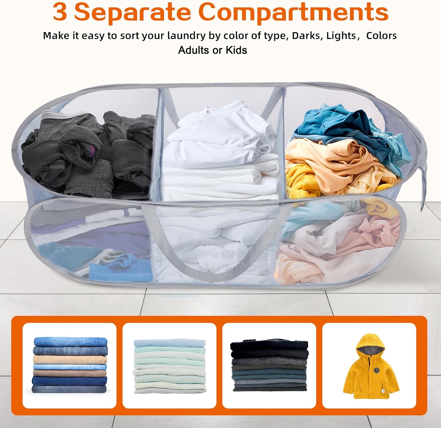 Durable Collapsible Foldable Pop Up Laundry Hamper, Sturdy 3 Compartments, Handy Pocket & Easy to Sort Clothes Hampers for Dorm, Kids Room, Travel - Grey - Image 3