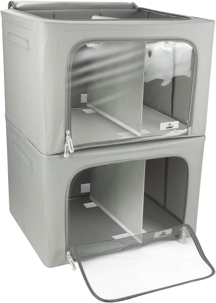Sorbus Storage Bins with Metal Frame, Stackable Foldable Organizer (Gray) | Carry handles, divided interior and a large window support Oxford-fabric containers for bedrooms, linens and clothes. - Image 8