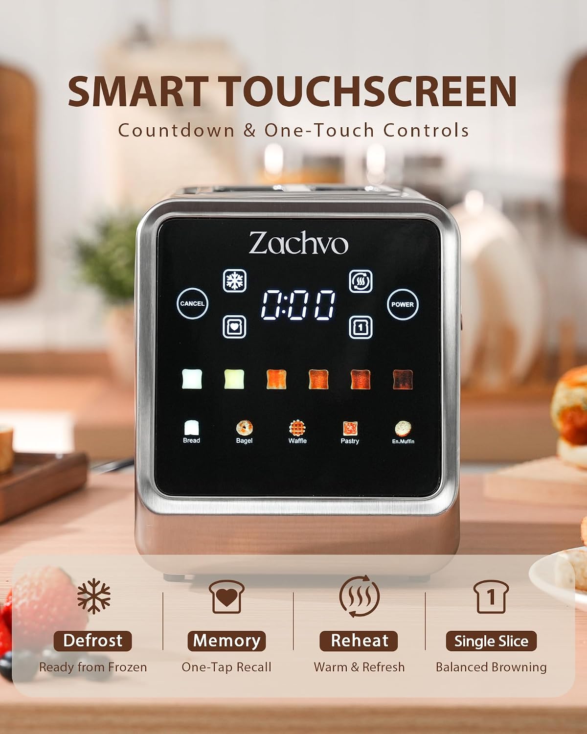 Long Slot Toaster for Sourdough & Artisan Bread with Smart Touchscreen | Digital Timer, Memory Function, One-Sided Toasting, Reheat & Defrost, Slim Stainless Steel for Long Bread & 4 Standard Slices - Image 3