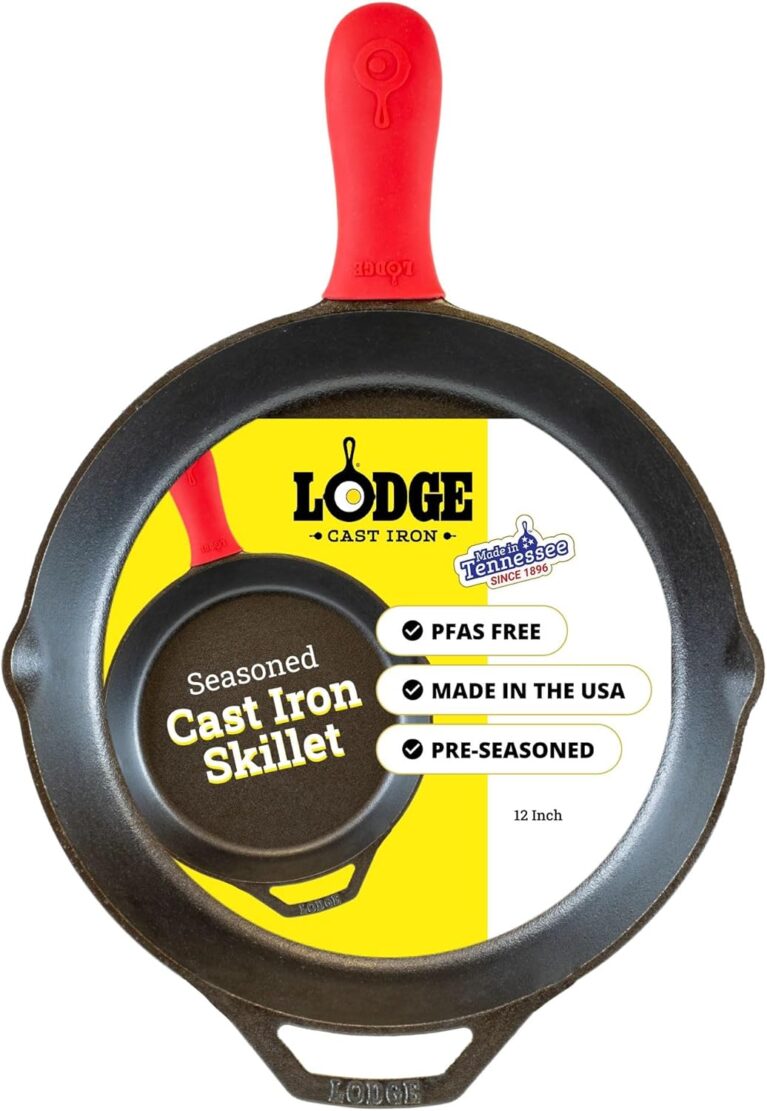 Lodge Pre-Seasoned Cast Iron Skillet with Silicone Handle Holder, 12 Inches | Non-Toxic & Naturally Non-Stick Frying Pan with Silicone Hot Handle Holder, Pan is Safe for Oven & Stovetop Use