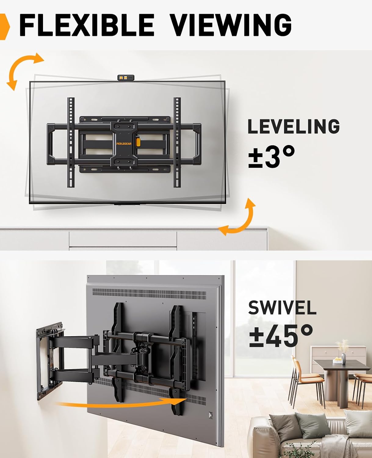 Perlegear Full Motion TV Wall Mount for 42–86 inch TVs up to 132 lbs | 30% thicker heavy-duty articulating arm, tool-free tilt, swivel, extend, level, fits 16" studs, max VESA 600x400mm, UL listed - Image 5