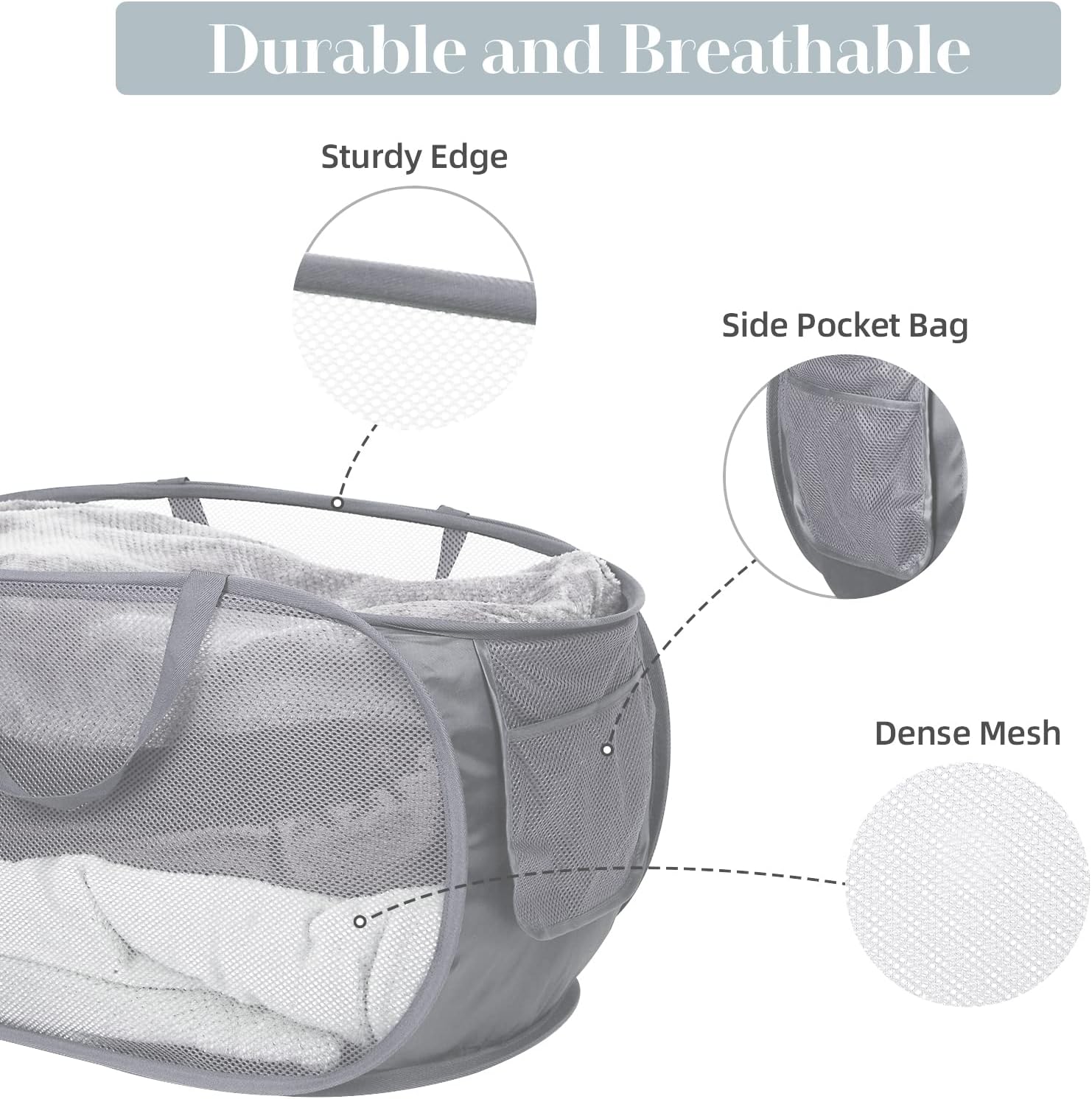 Durable Collapsible Laundry Baskets, Mesh Pop Up Laundry Hamper with Side Pocket, Foldable Clothes Storage Hamper with Reinforced Carry Handles for Laundry, Bathroom, Kids Room, Dorm or Travel Grey - Image 4
