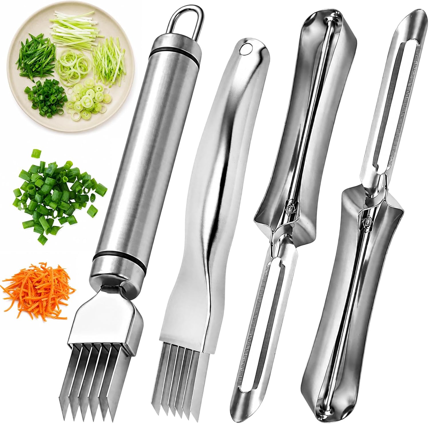 4PCS Green Onion Slicer Set, Scallion Shredder and Green Onion Cutter, Efficient Vegetable Shredder Tool with Two Straight Peelers for Kitchen Food Preparation, Durable Shredding Knife