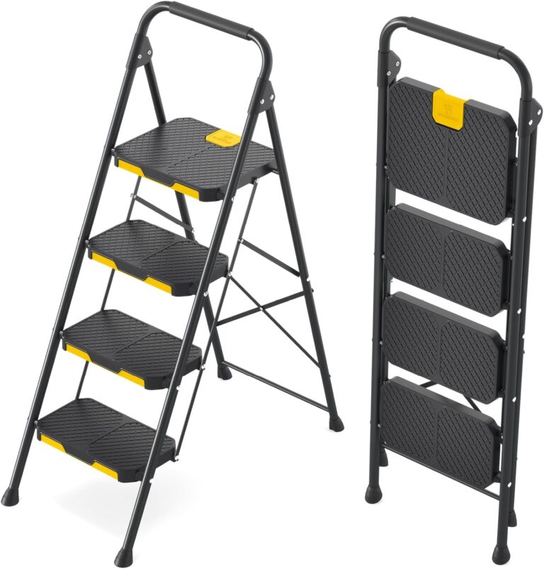 KINGRACK 4 Step Ladder, Sturdy Steel Step Stool with Safe-Lock Design, Handrail, Anti-Slip Wide Pedals, Pass 800lbs Load Testing, Folding Portable Ladder for Multi-Purpose, Home, Kitchen, Black