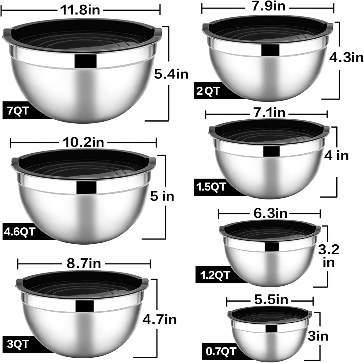 E-far Stainless Steel Mixing Bowls with Airtight Lids, 7-Piece Metal Nesting Bowls with Black Lids for Saving Storage Space, Size 7, 4.6, 3, 2, 1.5, 1, 0.7QT, Great for Baking/Cooking/Prepping - Image 2