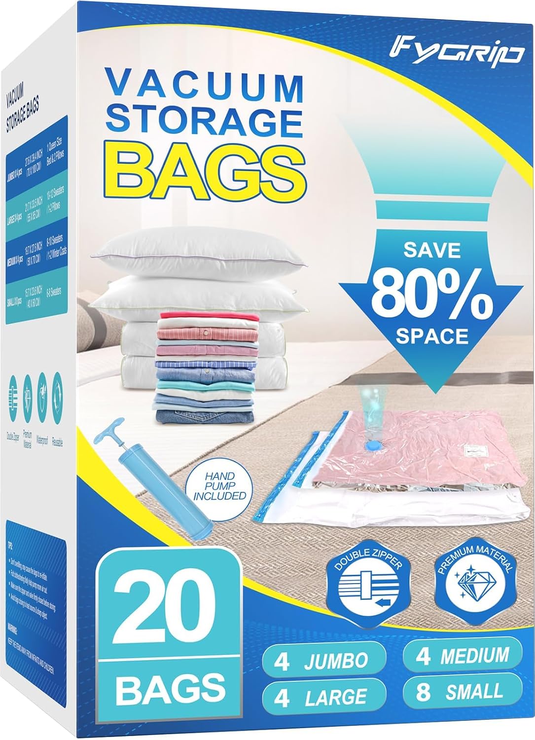 80% Space Saver Vacuum Storage Bags with Hand Pump, 20 Combo | Plastic Packaging Bags, Vacuum Seal Bags for Clothing, Travel Lugggage, Blankets, Comforters