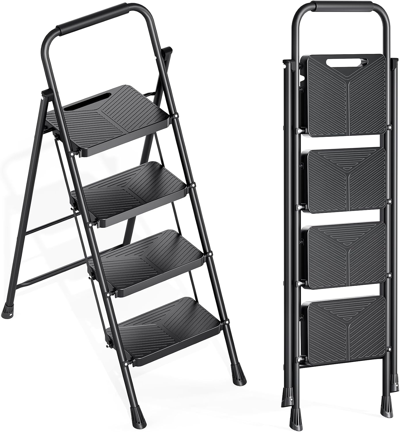 KINGRACK 4 Step Ladder, Portable Folding Ladder with Anti-Slip Pedals | Heavy Sturdy Steel Step Stool for Multi-Purpose, Home, Kitchen, Handrail, Safe-Lock Design, Pass 500lbs Load Testing, Black