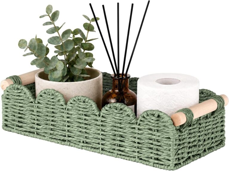 Toilet Paper Storage Basket for Toilet Tank, Bathroom Organizer | Scalloped Decorative Basket for Bathroom Home Decor, Woven Basket for Shelves, Living Room, Countertop, Paper Rope, Green