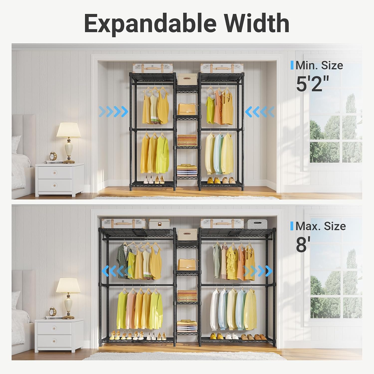 VIPEK X3 Expandable Heavy Duty Clothes Rack Closet Organizer System Black | Large Freestanding Clothing Rack with Adjustable Shelves and Hanger Rods from 5'2" to 8', Reach-in & Walk-in Closet 1210LBS - Image 2