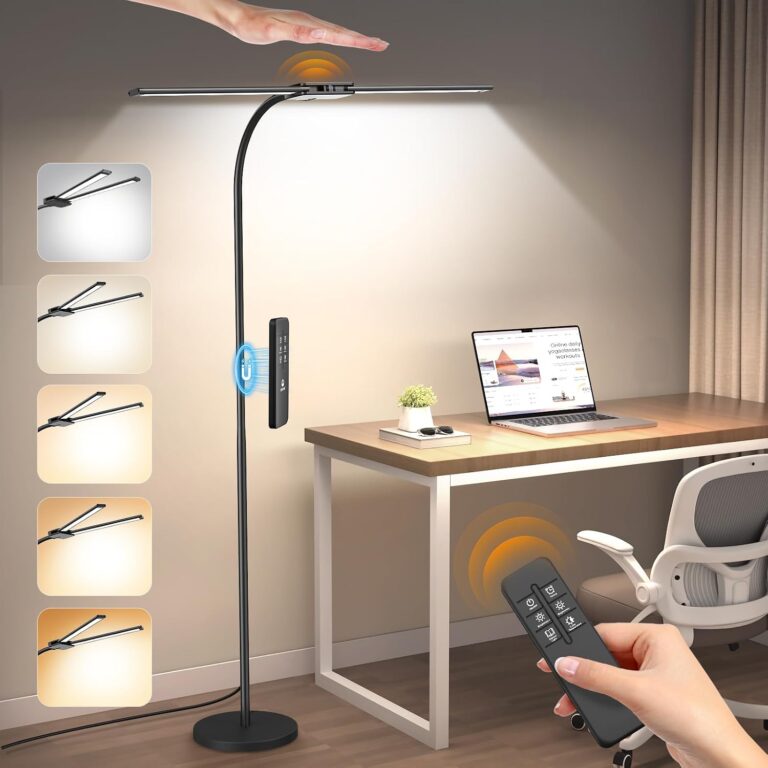 Syrinx LED Floor Lamp, 18W 2000LM Bright Floor Lamp for Office, Living Room | Focused & Wide-Area Dual Light, Flexible Neck, Eye Care, Dimmable Brightness & Color Temp, Auto Timer, Remote/Gesture Control