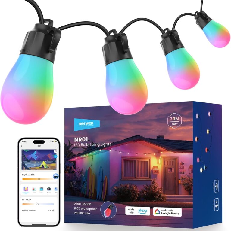 NEEWER 96ft Outdoor String Lights, App Control Smart AI RGB IC W Hanging Outside Warm White Patio Balcony Backyard Lighting, IP65 Waterproof, 30 LED Bulbs,50+ Scenes, Compatible with Alexa Google,NR01