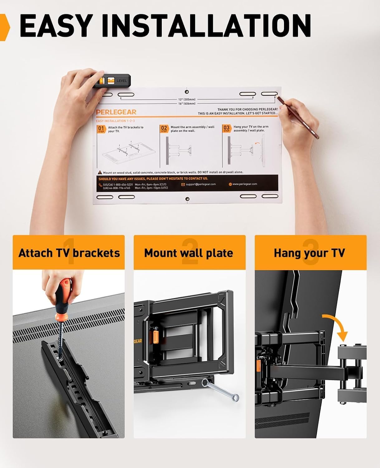Perlegear Full Motion TV Wall Mount for 42–86 inch TVs up to 132 lbs | 30% thicker heavy-duty articulating arm, tool-free tilt, swivel, extend, level, fits 16" studs, max VESA 600x400mm, UL listed - Image 7