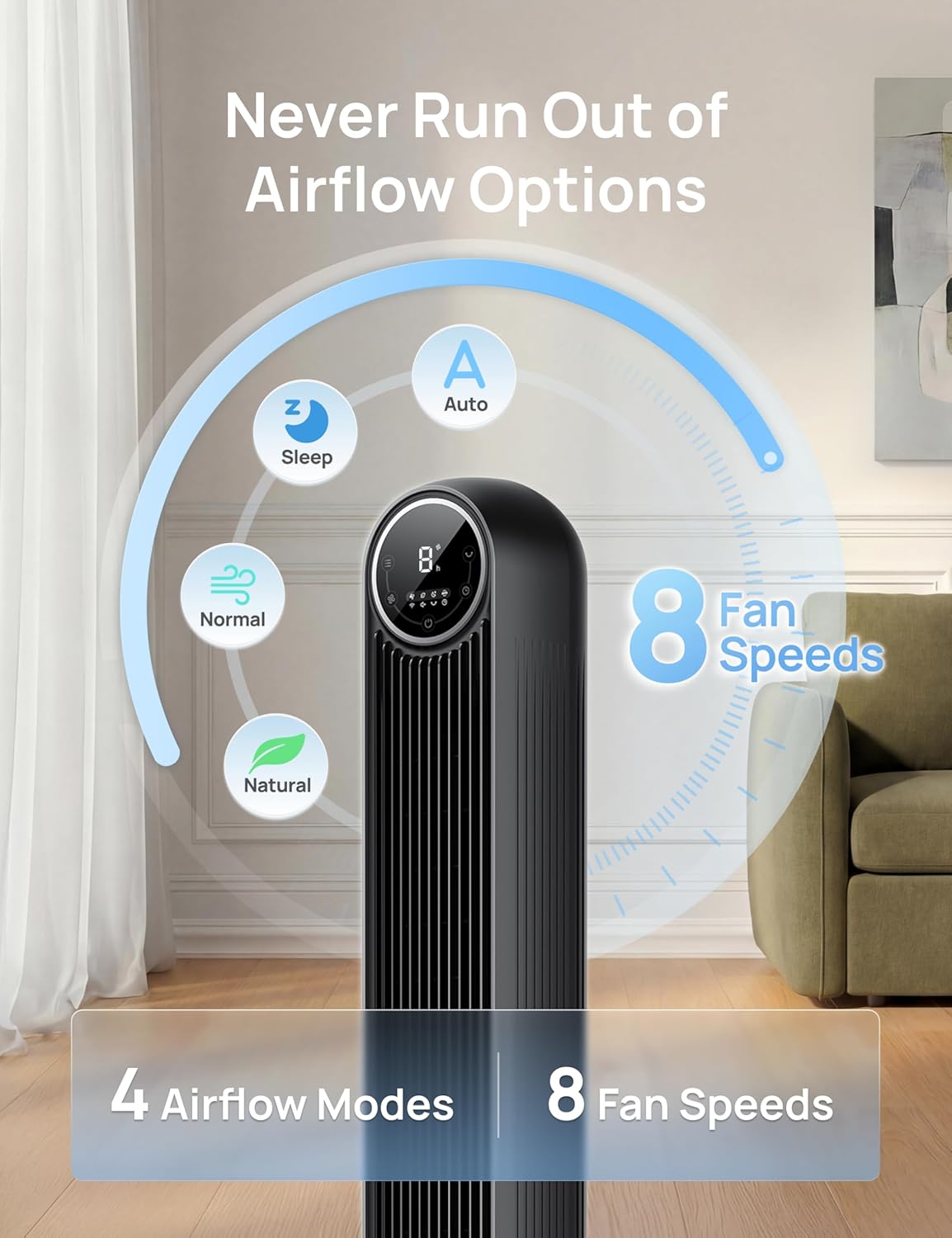 DREO Tower Fan for Bedroom, 28ft/s Velocity, Ultra Quiet Fan, 8 Speeds | 2026 Upgraded DC Motor, 90° Oscillating, 4 Modes Standing Fan, Bladeless Fan for Indoors, Floor Fans with Remote, Black - Image 4