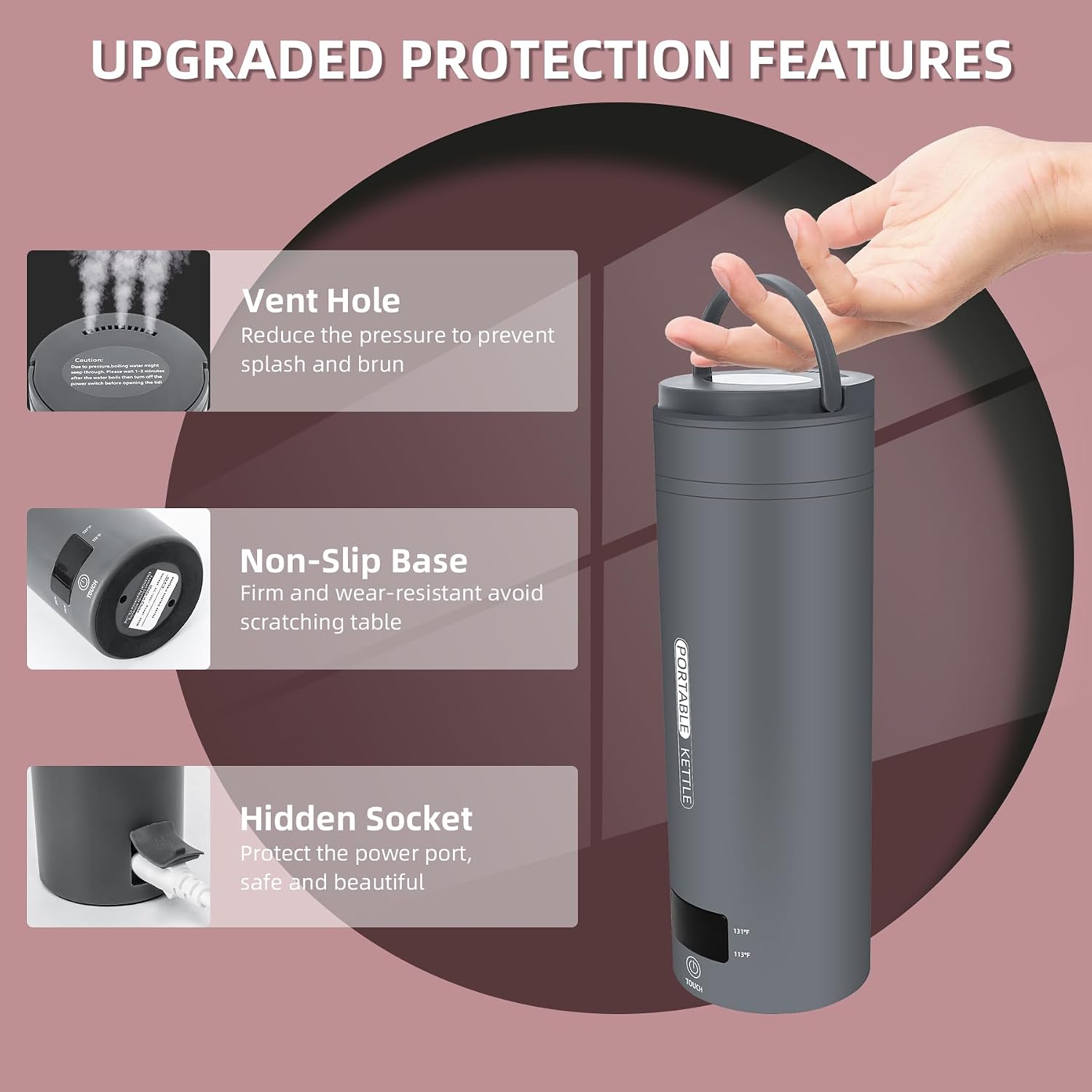 QRAGJBM Portable Electric Kettle Travel, 120V, 450ml, 4 Temperature Control | 304 Stainless Steel Lining, Auto Shut-Off, Boil Dry Protection, BPA-Free, Lightweight, For Hotel and Office(Grey) - Image 6