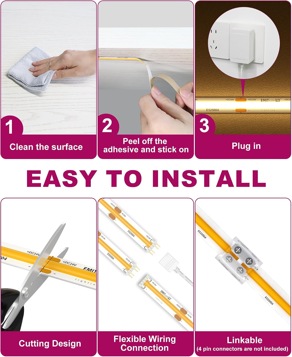 EMITEVER Under Cabinet Lighting 6PCS COB LED Strip 3000K Warm White 9.8ft | UL Listed, 24V Dimmable Led Lights Strip for Kitchen Cabinet, Counter, Shelf, with Remote & Adapter, Timing - Image 6