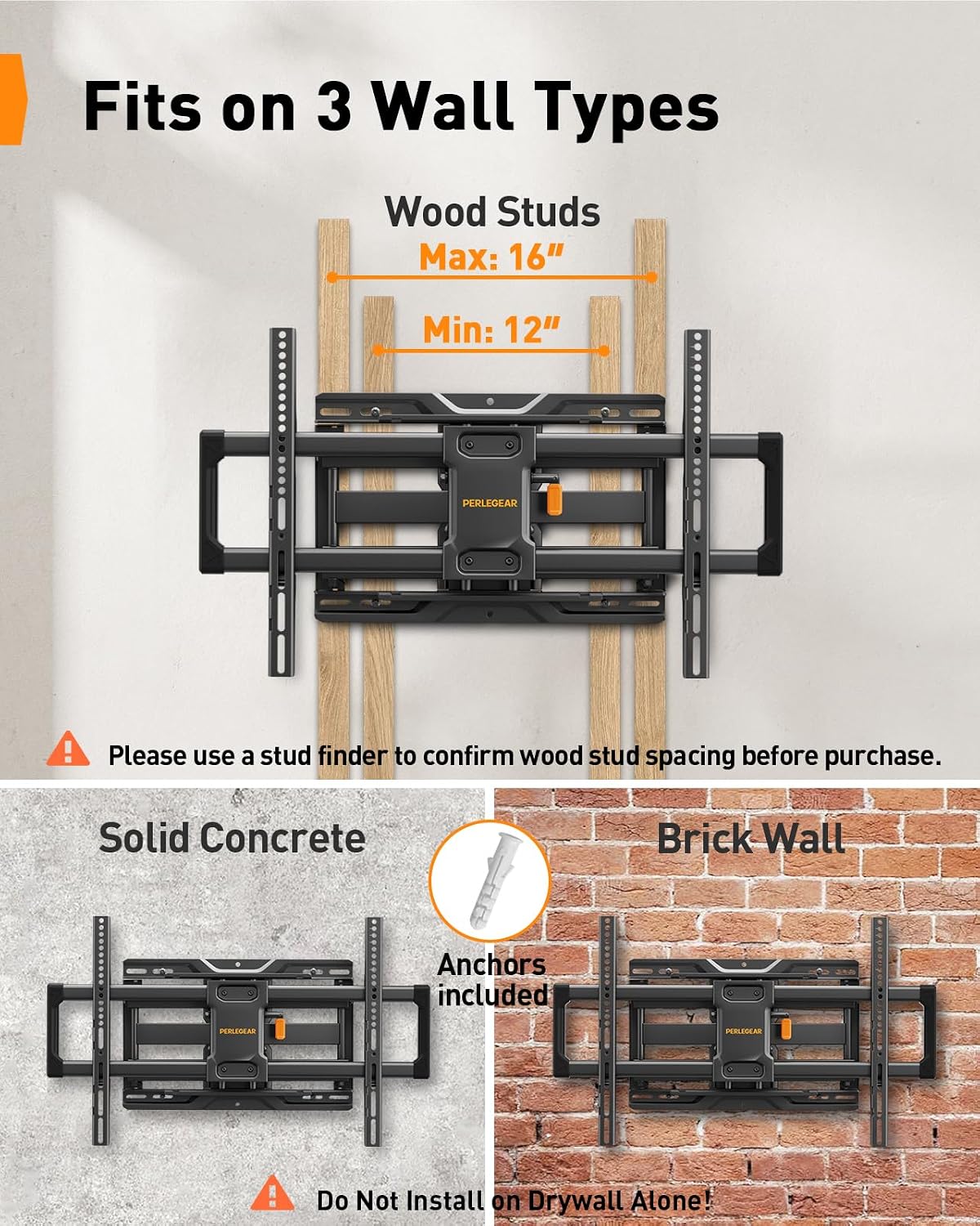 Perlegear Full Motion TV Wall Mount for 42–86 inch TVs up to 132 lbs | 30% thicker heavy-duty articulating arm, tool-free tilt, swivel, extend, level, fits 16" studs, max VESA 600x400mm, UL listed - Image 4