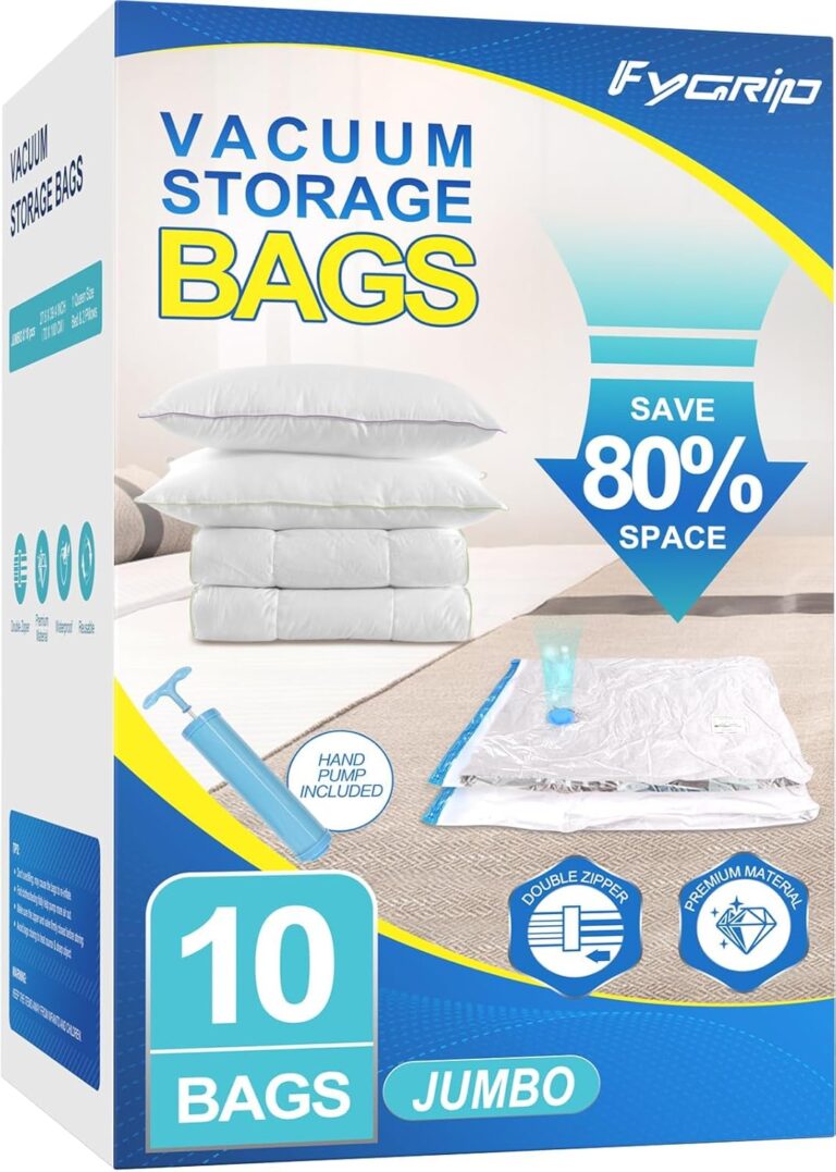 Fygrip 80% Space Saver Vacuum Storage Bags with Hand Pump, 10 Jumbo | Plastic Packaging Bags, Vacuum Seal Bags for Clothing, Travel Lugggage, Blankets, Comforters