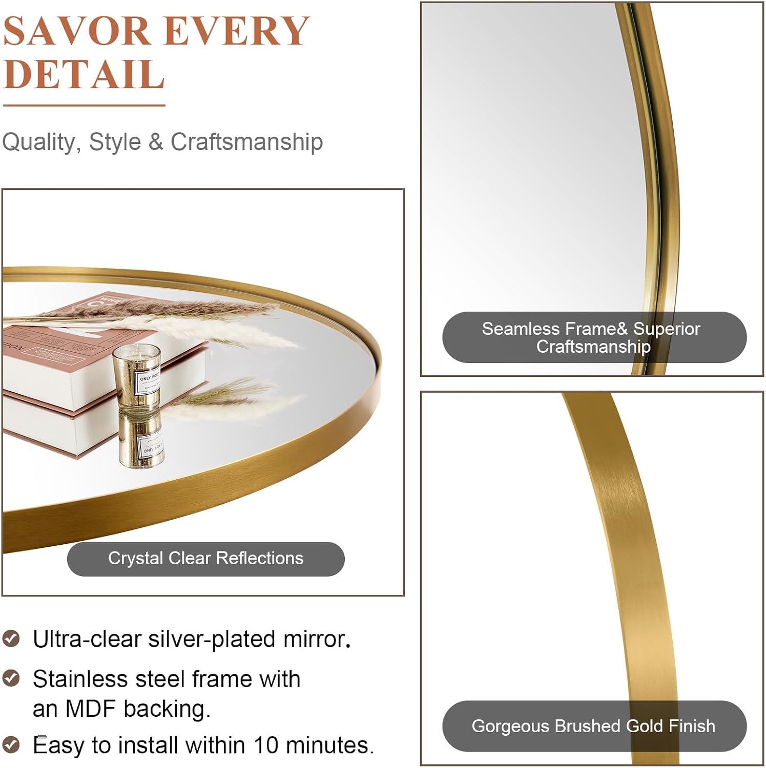 Gold Oval Mirrors for Bathroom, 24x36 Inch Brushed Gold Stainless Steel Metal Framed Oval Wall Mirror, Modern Vanity Mirror Wall Mount Horizontal or Vertical - Image 3