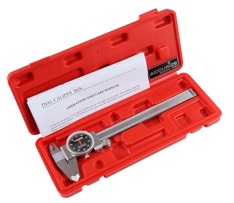 Accusize Industrial Tools 0-6" x 0.001" (Range x Resolution) Dial Caliper, Black Face Red Needle, Stainless Steel in Fitted Box, P920-B216 | Hardened Stainless Steel, Satin Chrome Finish, Covered Rack, 4-Way Inside Outside Depth and Step Measurement