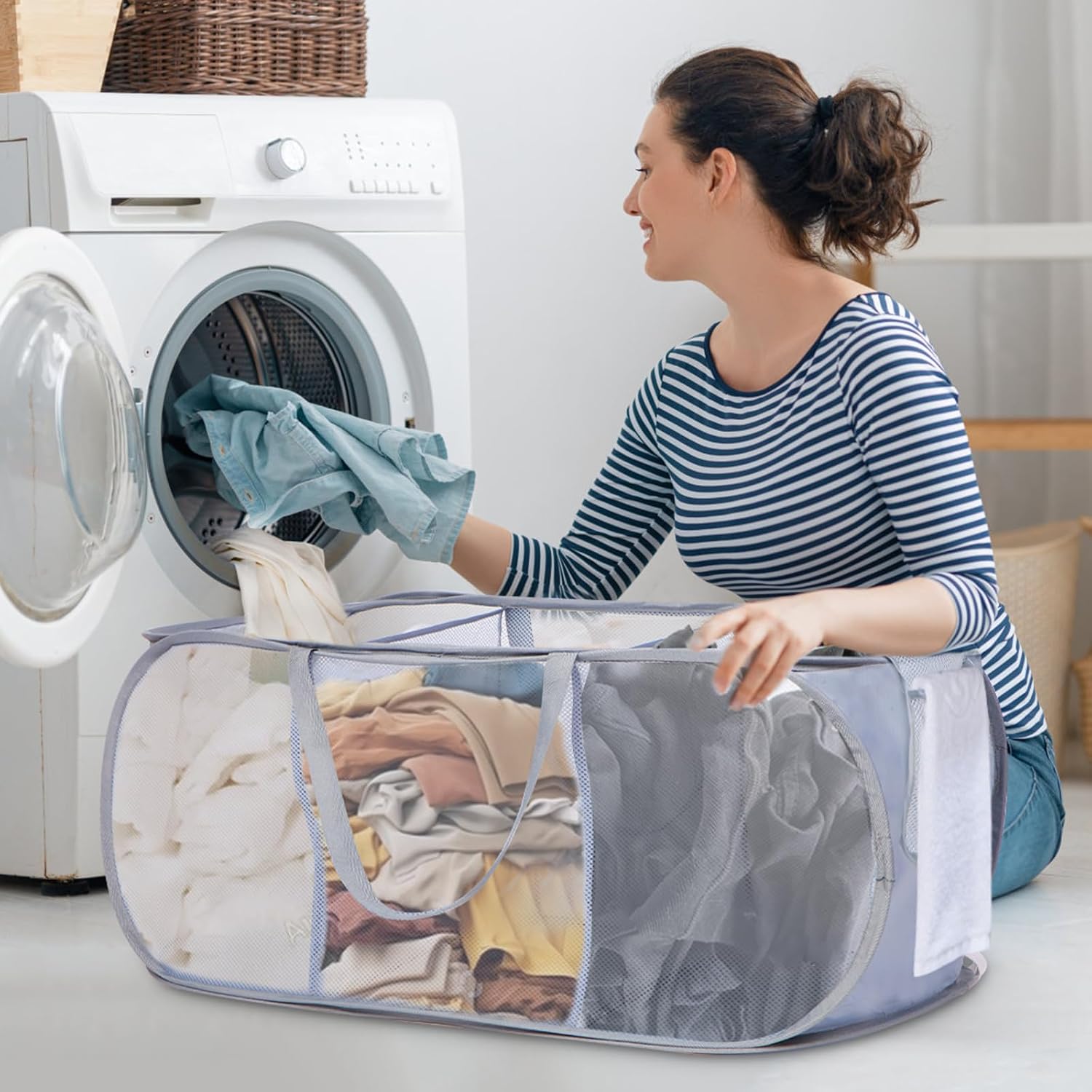 Durable Collapsible Foldable Pop Up Laundry Hamper, Sturdy 3 Compartments, Handy Pocket & Easy to Sort Clothes Hampers for Dorm, Kids Room, Travel - Grey - Image 2