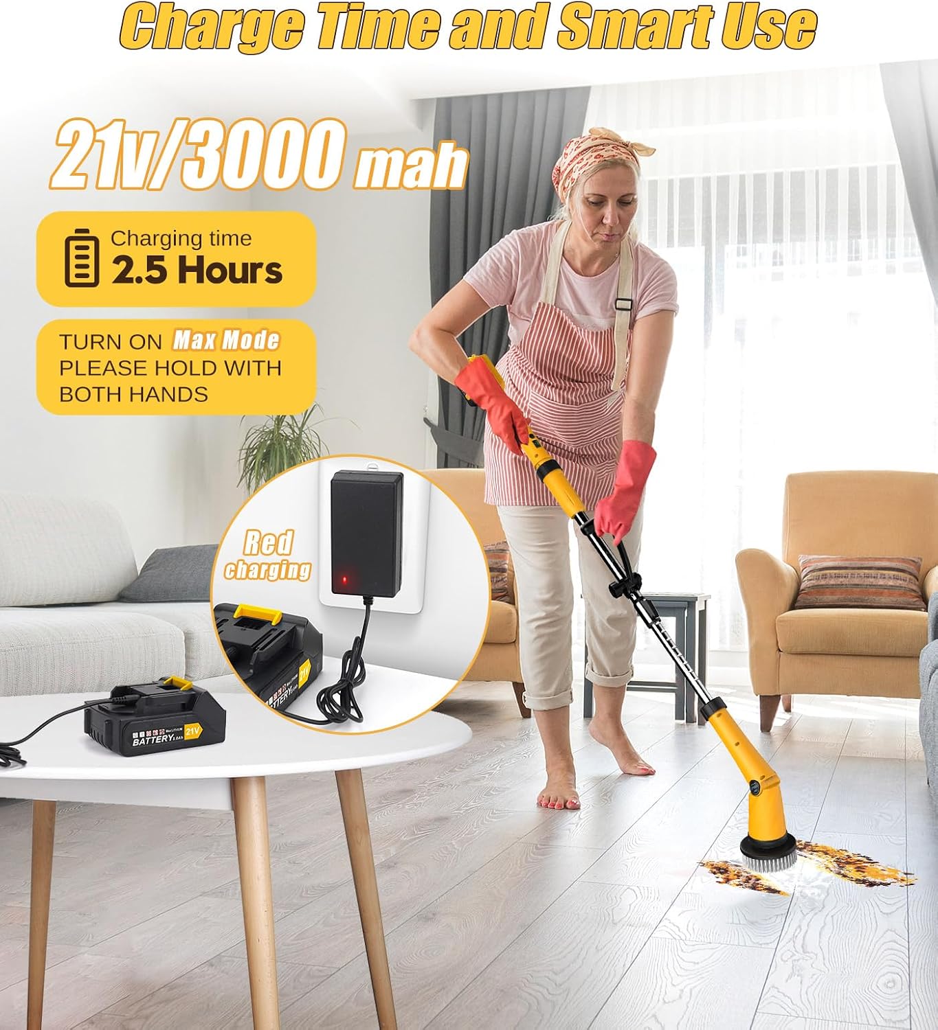 Qimedo Electric Spin Scrubber Q3, 6000mAh, Extra-Large Brush Head, 1200RPM | Floor Scrubber Machine with Long Handle, Cordless Cleaning Brush, 8 Brush Heads and Smart Display for Showers, Tubs and Tile - Image 6