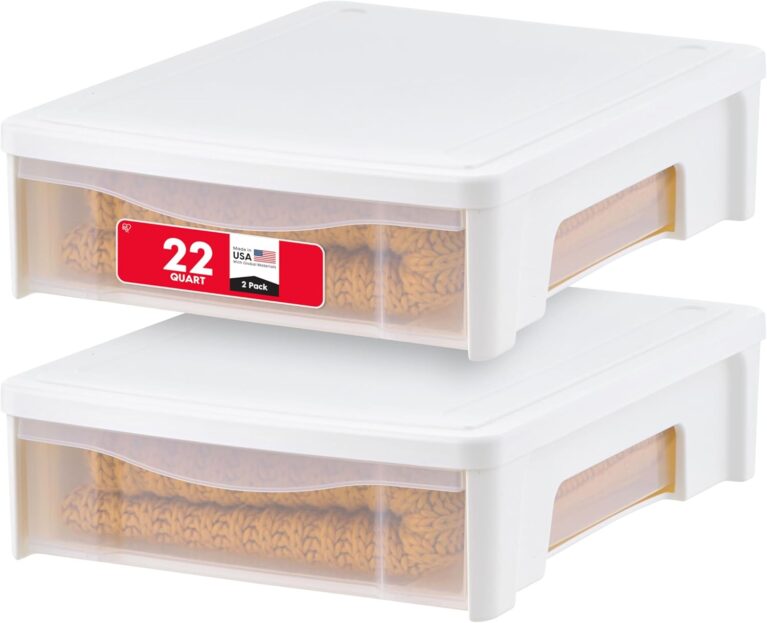 IRIS USA 2-Pack, 22 Qt. Under Bed Storage Bin with Sliding Drawer, White | Maximize dorm storage with underbed drawers for clothing, shoes, bedding, and seasonal essentials in compact spaces.