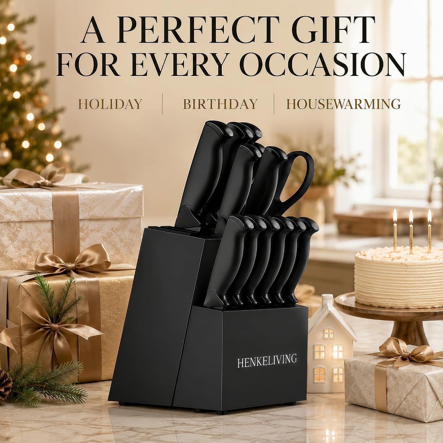 14-Piece Black Kitchen Knife Block Set with Built-In Sharpener | German high-carbon stainless steel blades, dishwasher safe, ultra-sharp edges, ergonomic non-slip handles - Image 8