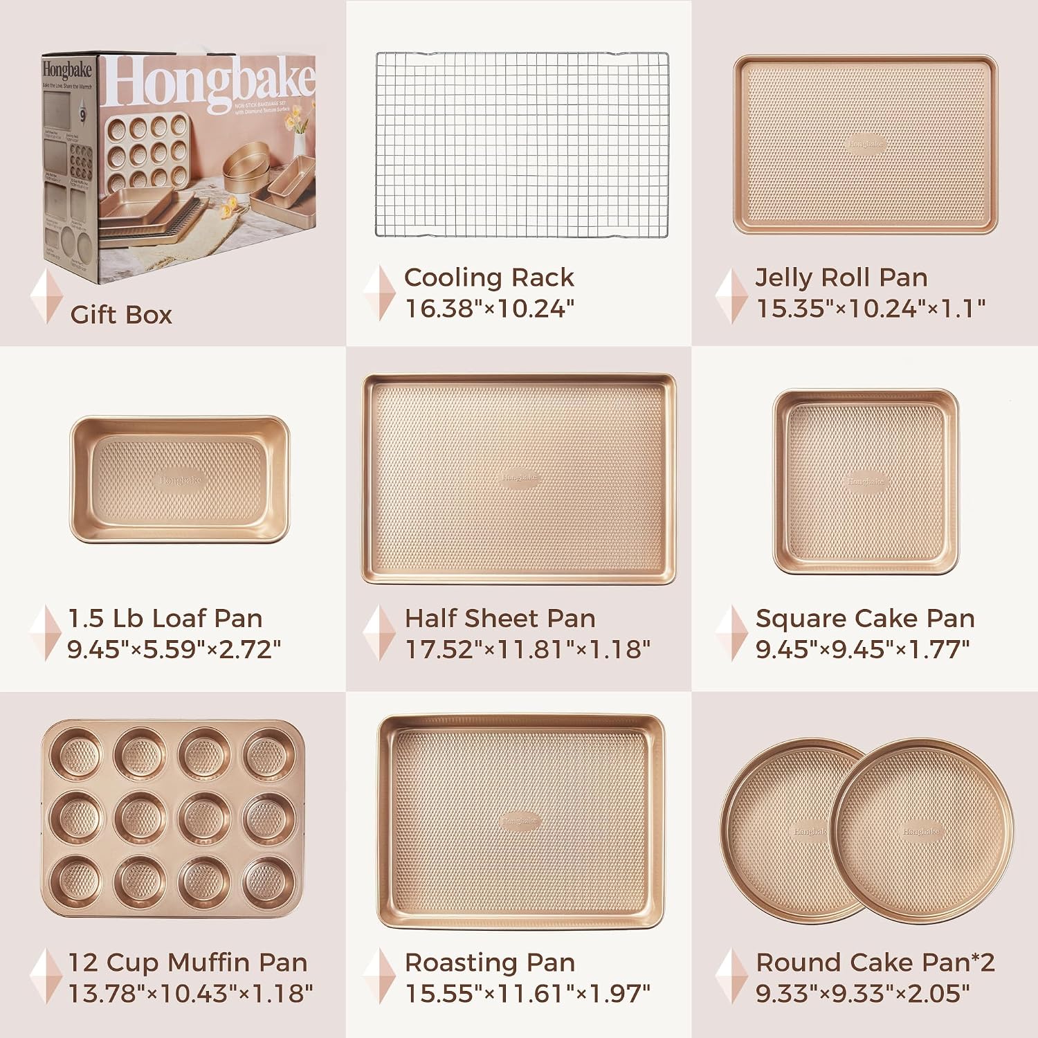 HONGBAKE 9-Piece Baking Pans Set Nonstick, Stackable Non Toxic Bakeware Sets with Diamond Texture, Oven Pan Set for Cooking, Includes Cookie Sheet with Rack, Cake Pan, Roasting Pan, Muffin Tin, Gold - Image 6