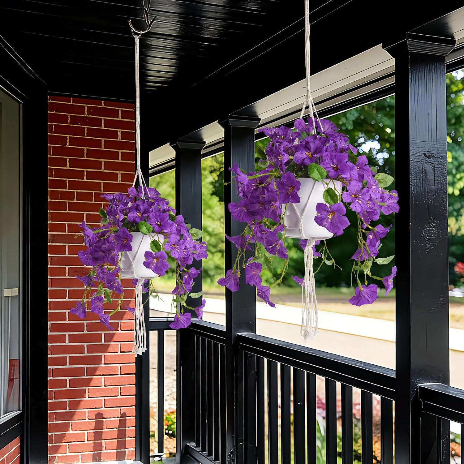 2 Sets Artificial Hanging Fake Flowers for Outdoors with Basket | Realistic faux petunias plants for patio, porch, balcony, garden, or yard, UV Resistant & fade-resistant, Purple - Image 9