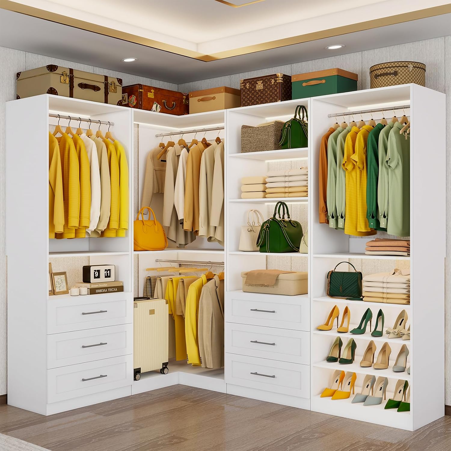 Vomavex Closet System with 4 sets, 101.9" Closet Organizer Systems with 6 Drawers & 8 Hanging Rods & Adjustable Shelves, Walk in Closet Standing Closet System, Corner Closet System Set, White - Image 9