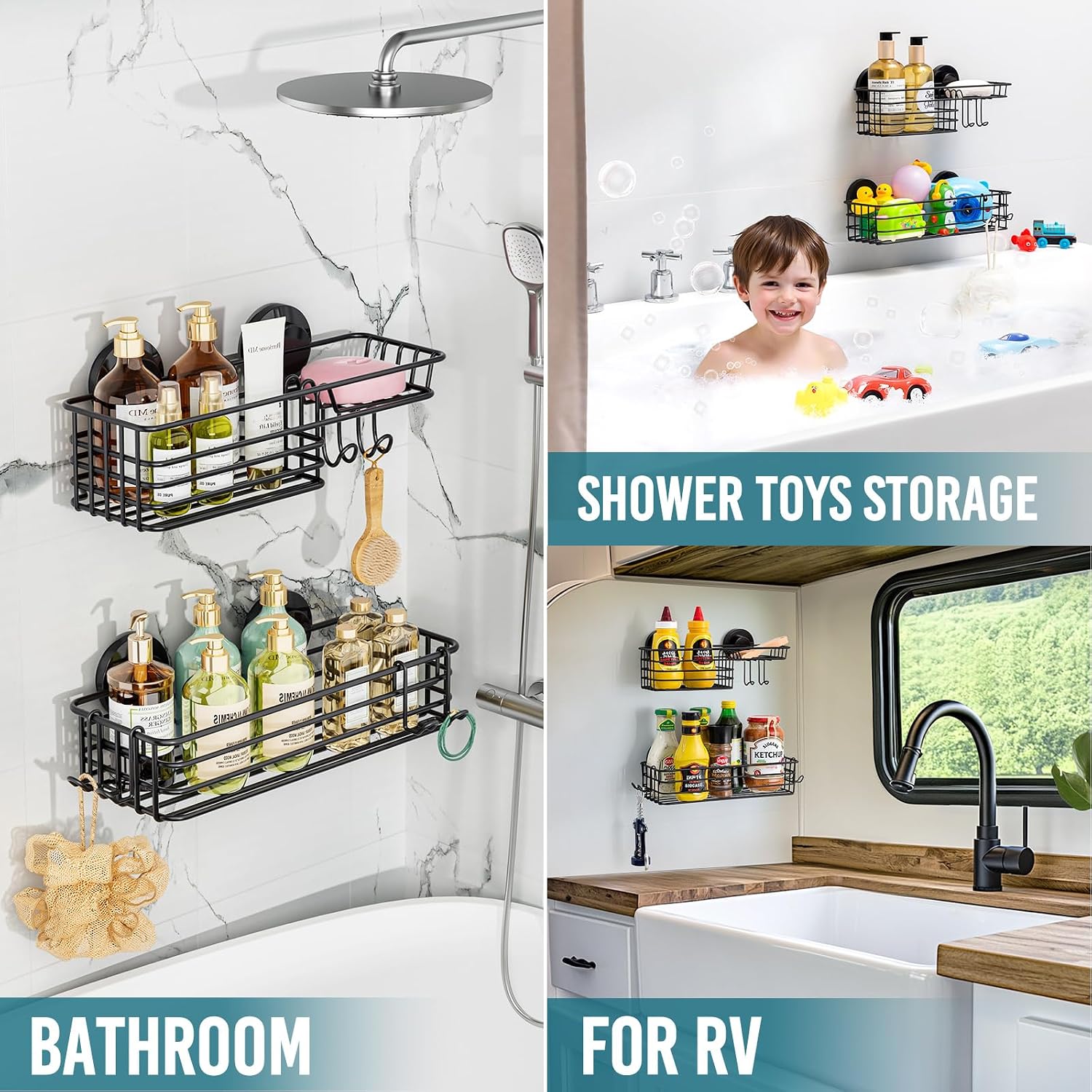 TAILI Shower Caddy Suction Cup 2 Pack with Hooks & Soap holder, Black | Heavy Duty Shower Organizer, No Drilling Bathroom Organizer, Metal Storage Basket - Image 6
