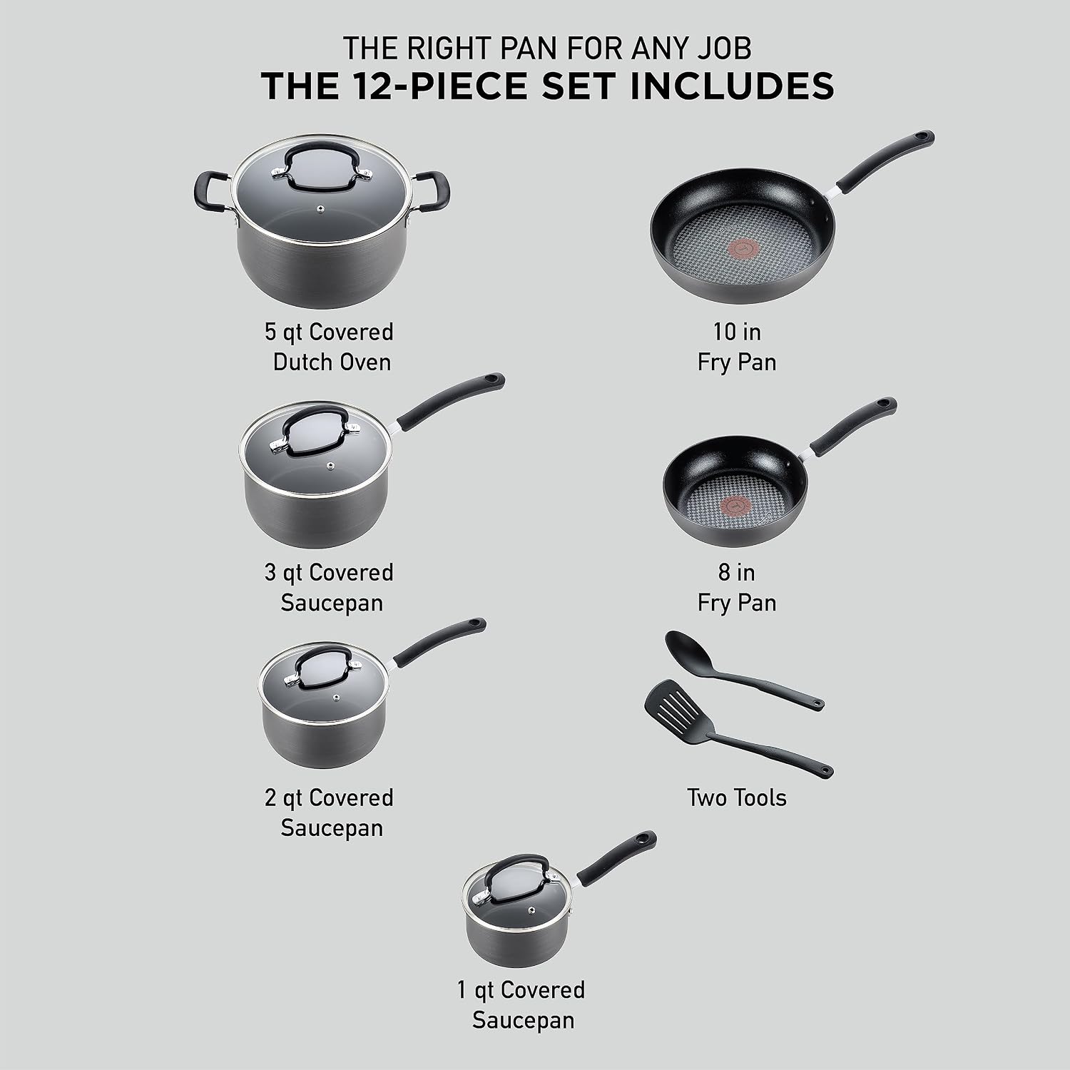 T-fal Ultimate Hard Anodized Nonstick Cookware Set 12 Piece, Oven Broiler Safe 400F, Lid Safe 350F, Kitchen Cooking Set w/Fry Pans, Saucepans, Dutch Oven, Pots and Pans, Dishwasher Safe, Onyx - Image 2