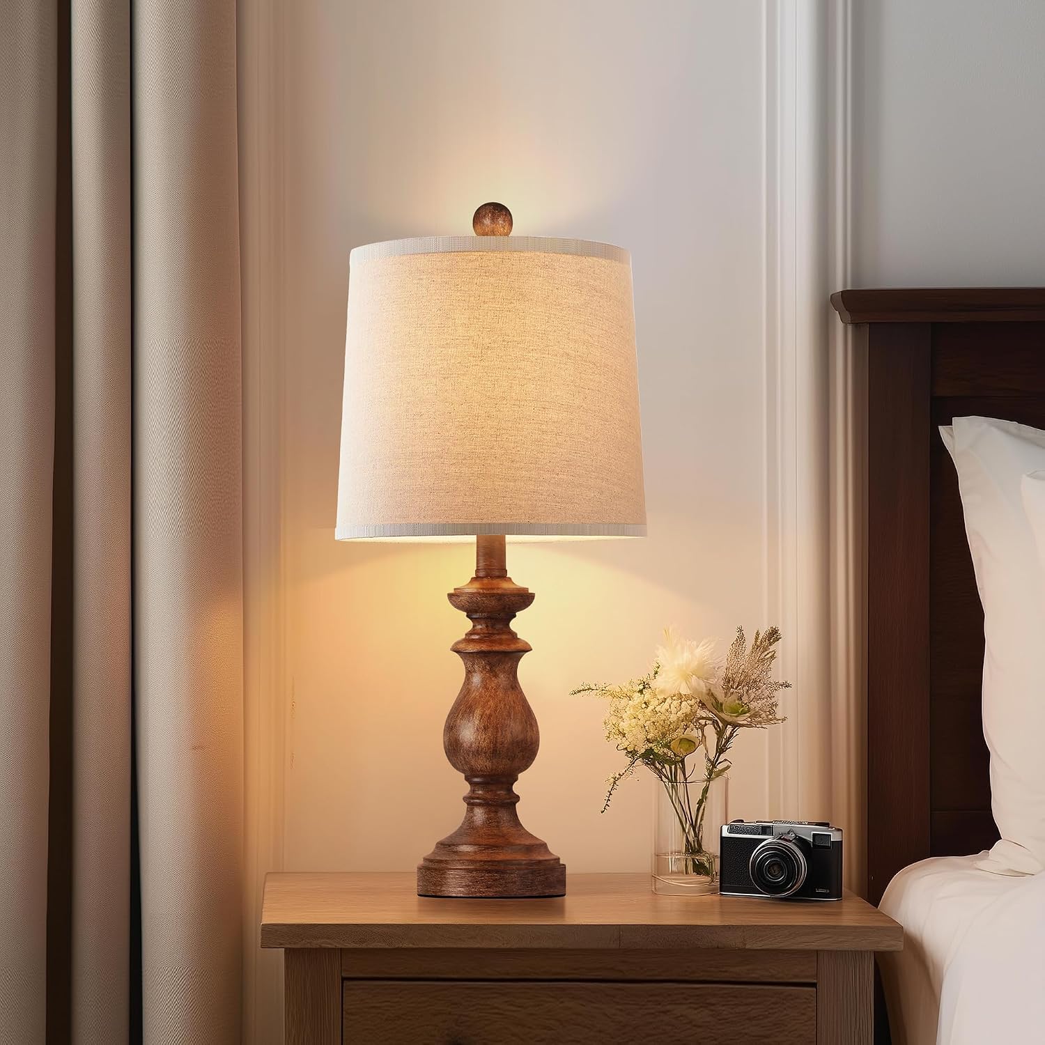 PARTPHONER Traditional Table Lamp Set of 2, Rustic Farmhouse Table Lamps for Living Room Bedroom, 22" Bedside Desk Lamps Vintage Nightstand Lamps with Linen Shades, Wood Grain - Image 5