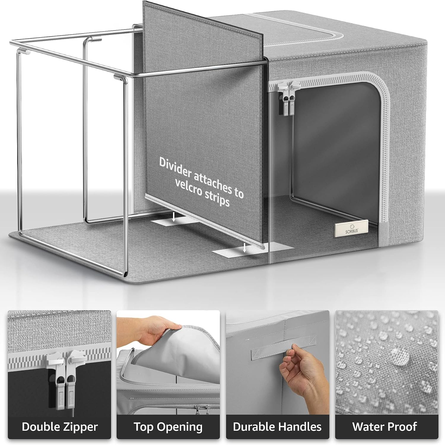 Sorbus Storage Bins with Metal Frame, Stackable Foldable Organizer (Gray) | Carry handles, divided interior and a large window support Oxford-fabric containers for bedrooms, linens and clothes. - Image 3