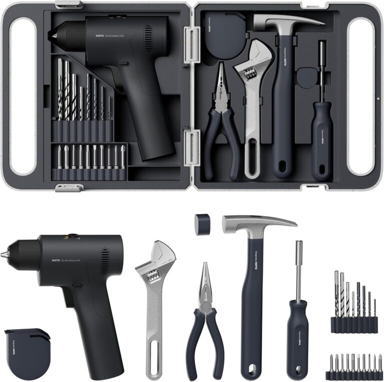 HOTO 25PCS Household Tool Kit with 16V Brushless Power Drill | 3/8” Keyless Chuck, 50 N·m Torque, 32 Torque Settings, LED Light, Includes Hammer, Wrench, Pliers, 8 x Drill Bits, 10 x Bits