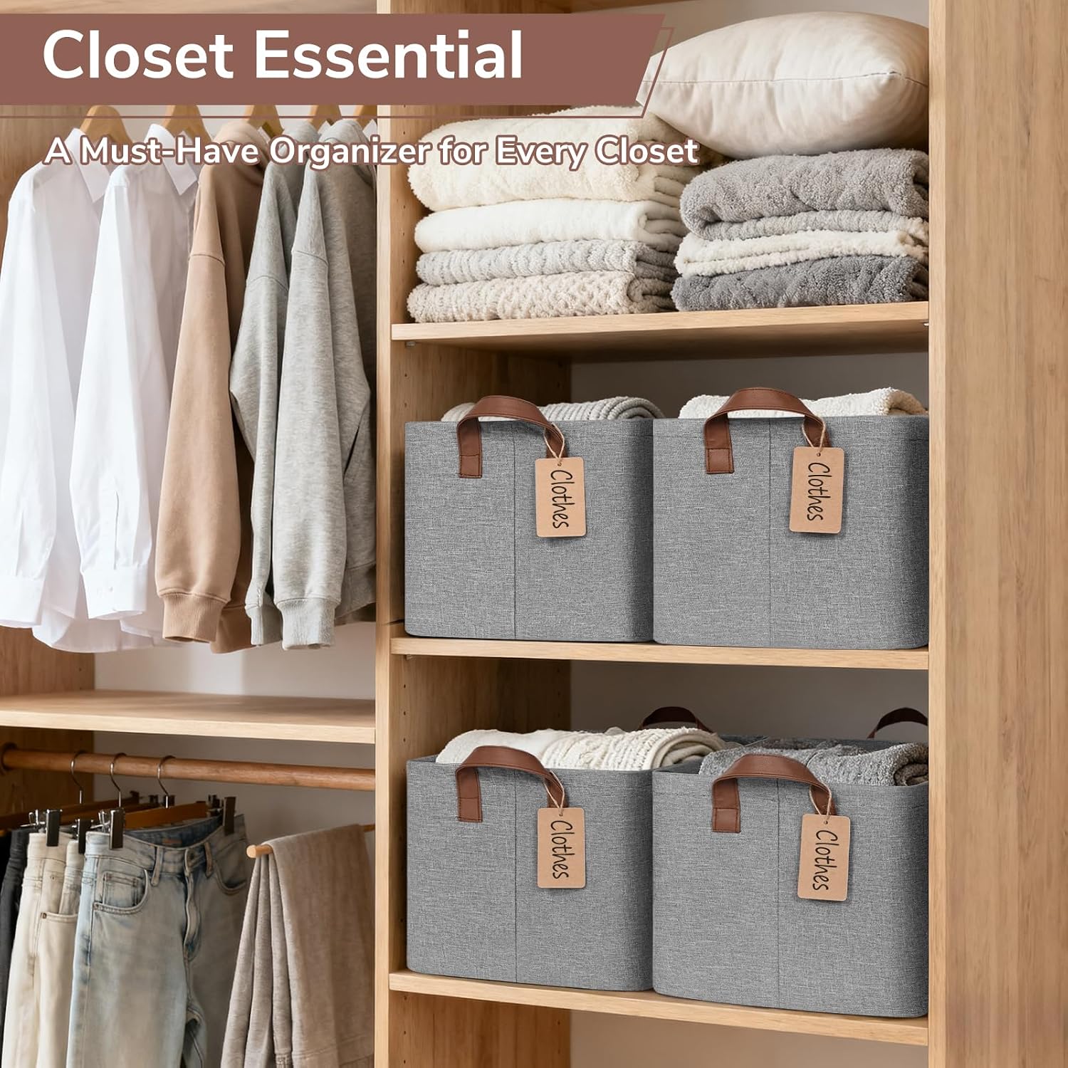 CHICVITA 4 Pack Large Fabric Storage Baskets for Shelves, 30L Gray | 16.8" × 11" × 9.8" Closet Storage Bins for Clothes, Toys & Towels, Fits Nursery & Bathroom Organization, Metal Frame - Image 2