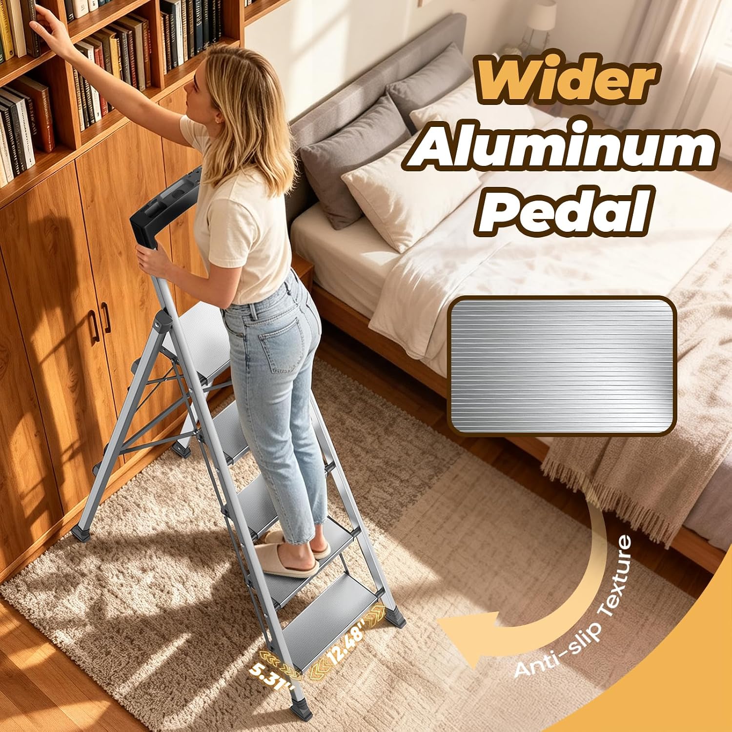 HBTower 5 Step Ladder, Lightweight Aluminum Folding Step Stool | Anti-Slip Wide Pedal, 330lbs Capacity Step Ladder for Household Kitchen Office, Silver - Image 3