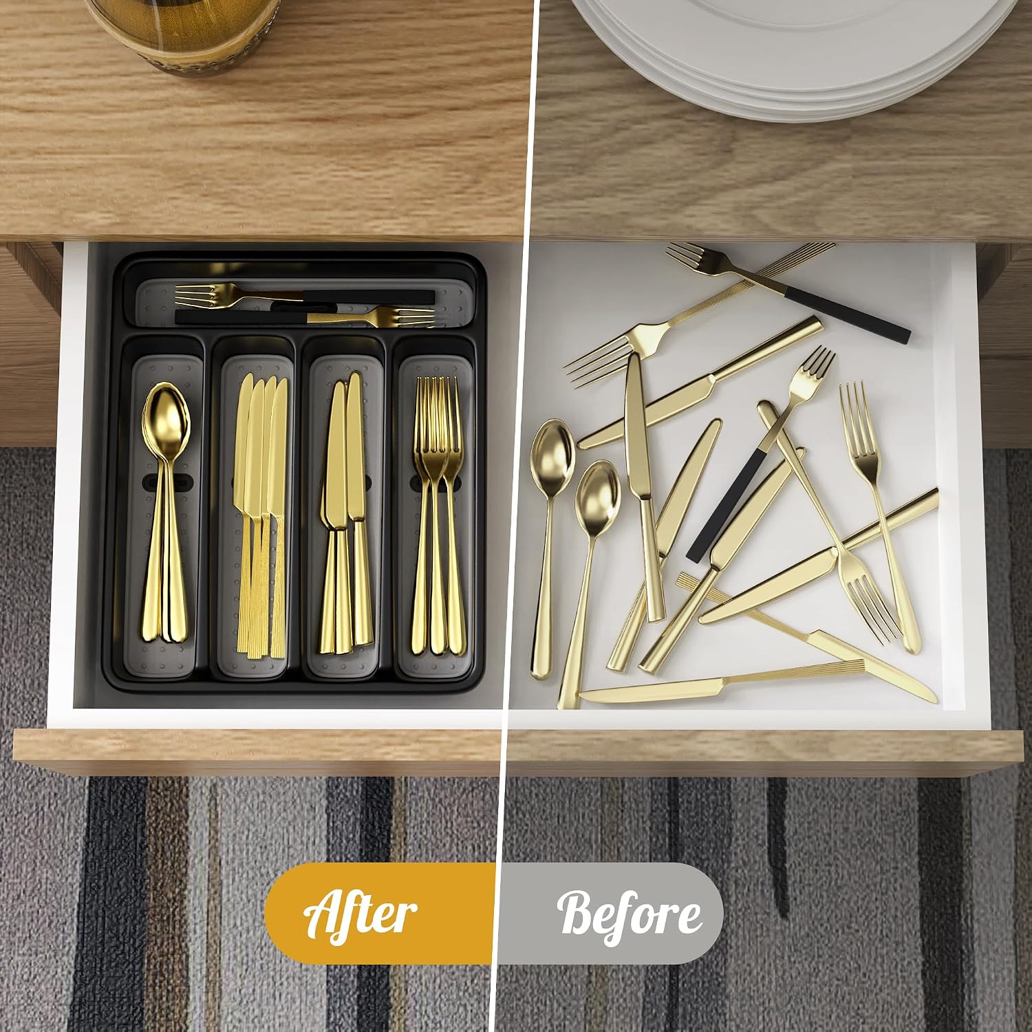 WEBACOO. Silverware Organizer for Kitchen Drawer - Non-Slip Utensil Drawer Organizer - Dishwasher Safe Cutlery Organizer Holds Spoons, Forks with 5 - Compartment - Image 4