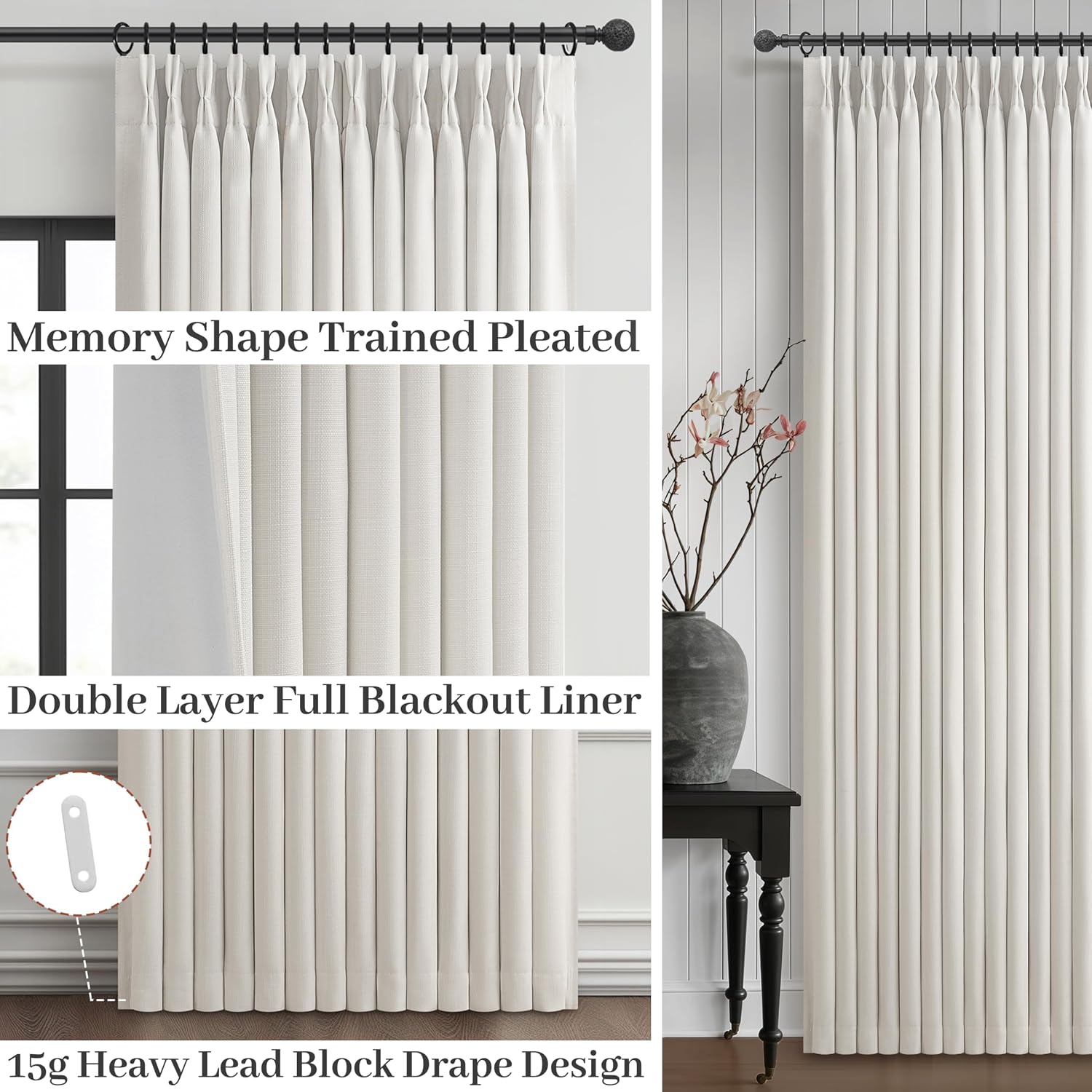 100% Blackout Linen 96 Inch Curtains 2 Panel Set for Bedroom, Modern Pinch Pleated Natural Linen Off Beige White Insulated Heavy Curtain 40 x 96 Inches Length Sliding Glass Door Room Darkening Drapes - Image 3