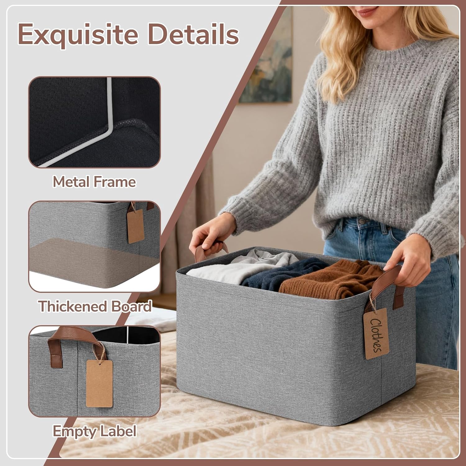 CHICVITA 4 Pack Large Fabric Storage Baskets for Shelves, 30L Gray | 16.8" × 11" × 9.8" Closet Storage Bins for Clothes, Toys & Towels, Fits Nursery & Bathroom Organization, Metal Frame - Image 5