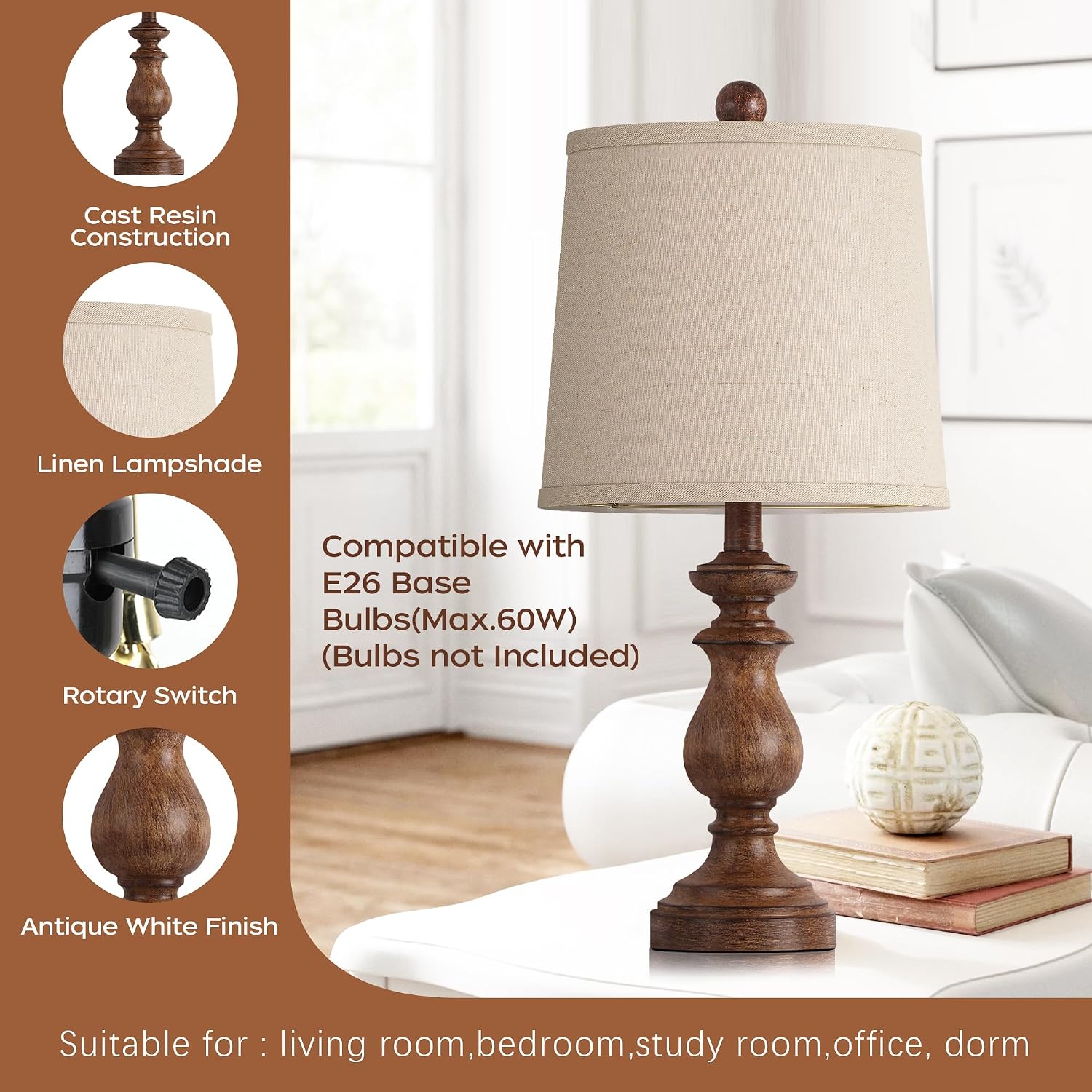 PARTPHONER Traditional Table Lamp Set of 2, Rustic Farmhouse Table Lamps for Living Room Bedroom, 22" Bedside Desk Lamps Vintage Nightstand Lamps with Linen Shades, Wood Grain - Image 4