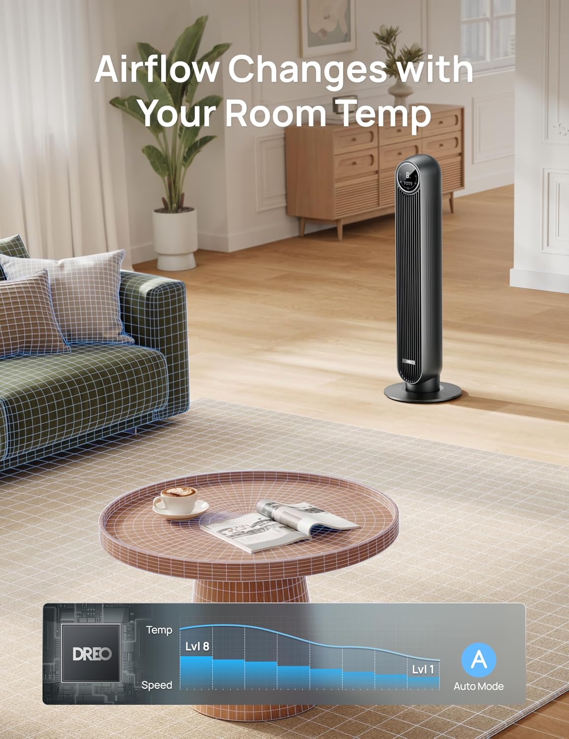 DREO Tower Fan for Bedroom, 28ft/s Velocity, Ultra Quiet Fan, 8 Speeds | 2026 Upgraded DC Motor, 90° Oscillating, 4 Modes Standing Fan, Bladeless Fan for Indoors, Floor Fans with Remote, Black - Image 7