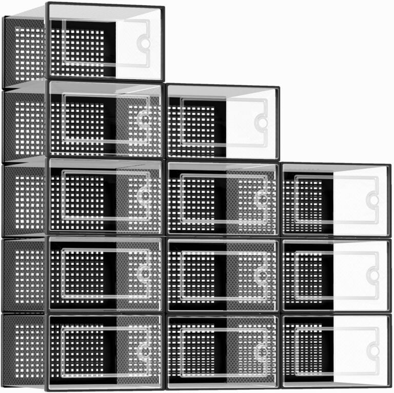 Kuject X-Large Shoe Storage Boxes 12 Pack, Clear Stackable Shoe Organizer | Shoe Case for Closet, Entryway & Under-Bed Storage, Drop-Front Design, Space-Saving Solution for Family Organization,Black