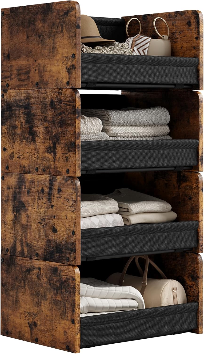 FOUCSSOMEI Closet Organizer and Storage, 4 Tier Stackable Storage Organizer, Wooden & Metal Closet Shelves, Modular Clothes Organizer, Storage Shelf, Bedroom & Closet Organization, Patent Design